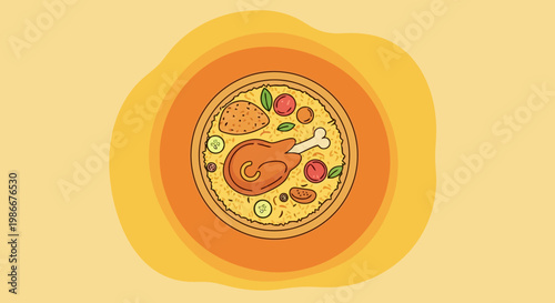 Top view of delicious homemade rice dish with roasted chicken and fresh vegetables served in a round plate on a warm gradient backdrop perfect for culinary presentations and food blog content