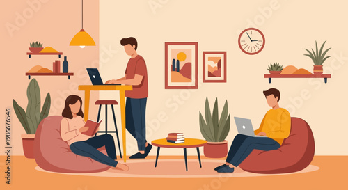 People working and relaxing in a cozy home office environment.