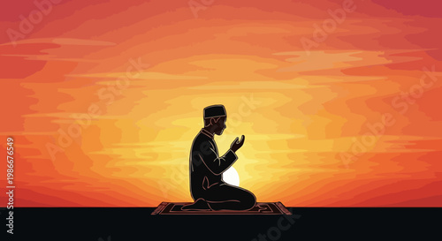 A lone person kneels in prayer on a rug facing a vibrant sunset with warm tones of orange and yellow painting the sky above a dark horizon representing spirituality and devotion during twilight