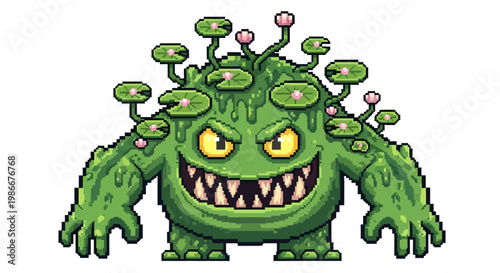 Green Monster Creature with Lily Pads and Spikes.