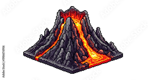 Isometric Volcano Erupting with Molten Lava Flow.