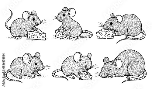 A set of six black and white illustrations of mice with cheese