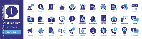 Information icon set with solid glyph symbols for customer support, help button, manual instruction, website info sign, faq, message notification, guide book, and faq service desk.