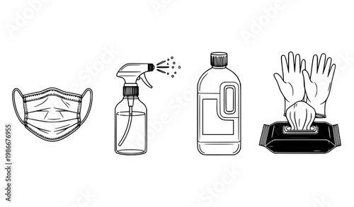 A set of vector icons illustrating COVID-19 safety precautions and hygiene practices