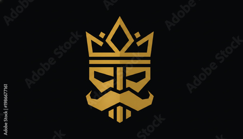 Shield crown icon with gold geometric lines and horned mask emblem on dark background for gaming branding