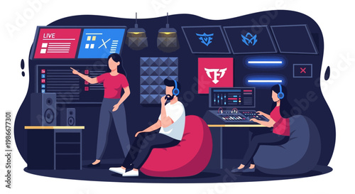 People in a modern gaming setup with computers and screens.