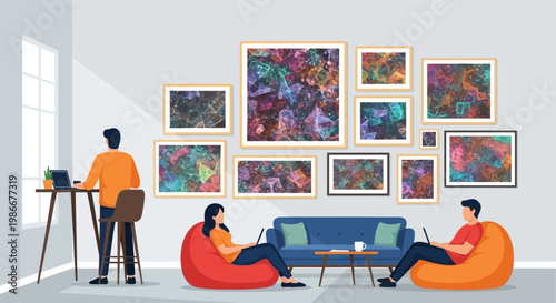 People working and relaxing in a modern art gallery.