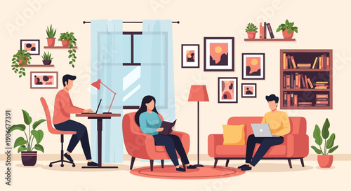 People working and relaxing in a cozy living room.