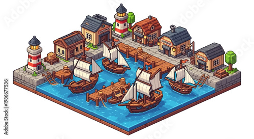 Isometric Pixel Art Harbor Village with Sailing Ships.