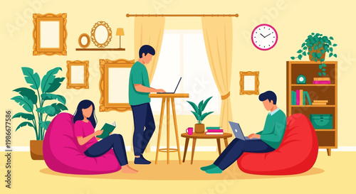 People working and relaxing in a cozy living room setting.
