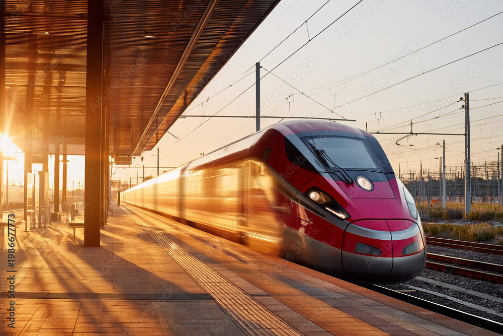 Fototapeta premium A sleek red high speed train arrives at a modern platform during a beautiful sunset