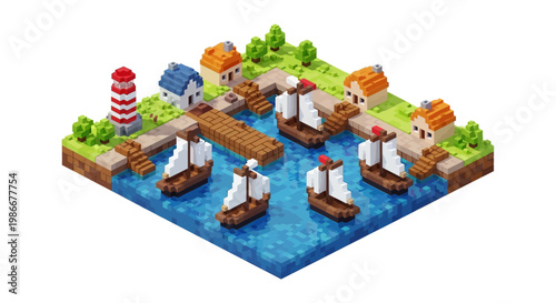 Isometric Pixel Art Harbor with Sailing Ships and Lighthouse.