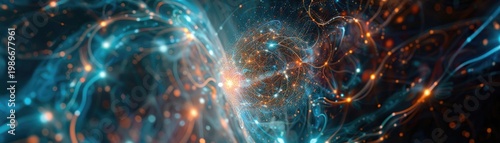 An abstract art piece featuring a neural network learning and evolving, with dynamic shapes and colors representing the growth of artificial intelligence Banner for AI advancement