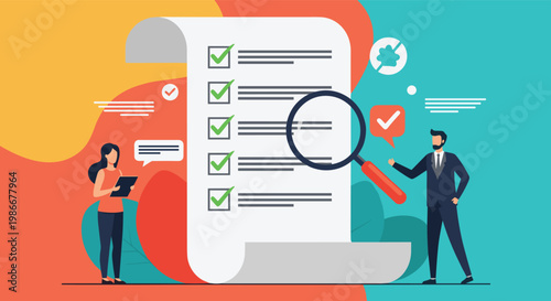 Professional man and woman review a large checklist with a magnifying glass for a business audit or quality control task.