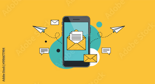 Smartphone screen displays an open email envelope with paper planes and message bubbles for digital marketing concepts.
