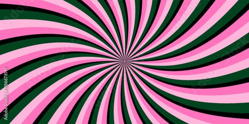 Retro candy cane spiral background with strawberry cream swirls. Pink whirlpool bg. Whimsical Y2K vortex pattern featuring pastel pink and white radial beams in psychedelic cartoon style.