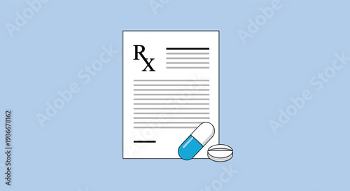 Medical prescription document with the Rx symbol sits next to a blue pill and a capsule for healthcare and pharmacy themes.