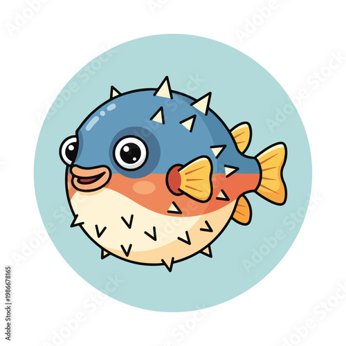 A cartoon pufferfish with a blue head and white belly