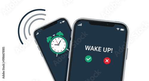 Two dark smartphones display digital alarm clocks with a wake up notification for time management and morning routines.