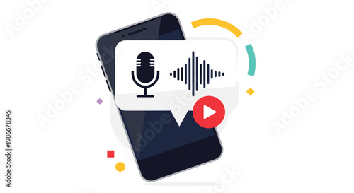 Smartphone displays a microphone and sound wave icon in a speech bubble for voice recognition and podcasting concepts.