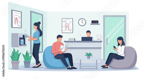 People waiting in a modern reception area.