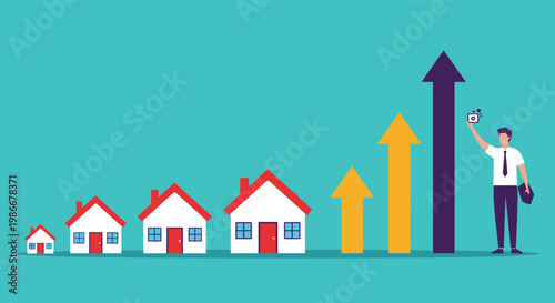 Row of residential houses of increasing size with rising arrows illustrates the growth and expansion of the property market.