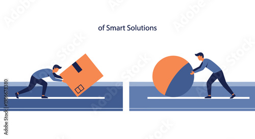 Man pushes a heavy box while another man rolls a sphere representing smart solutions and efficiency in business tasks.