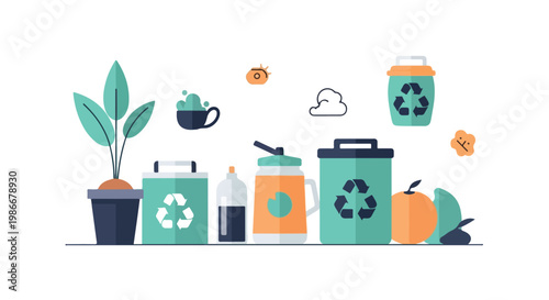 This clean vector graphic showcases sustainable living with recycling bins, a green plant, reusable containers, and organic fruits on white.