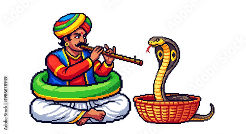 Indian snake charmer playing flute for cobra.