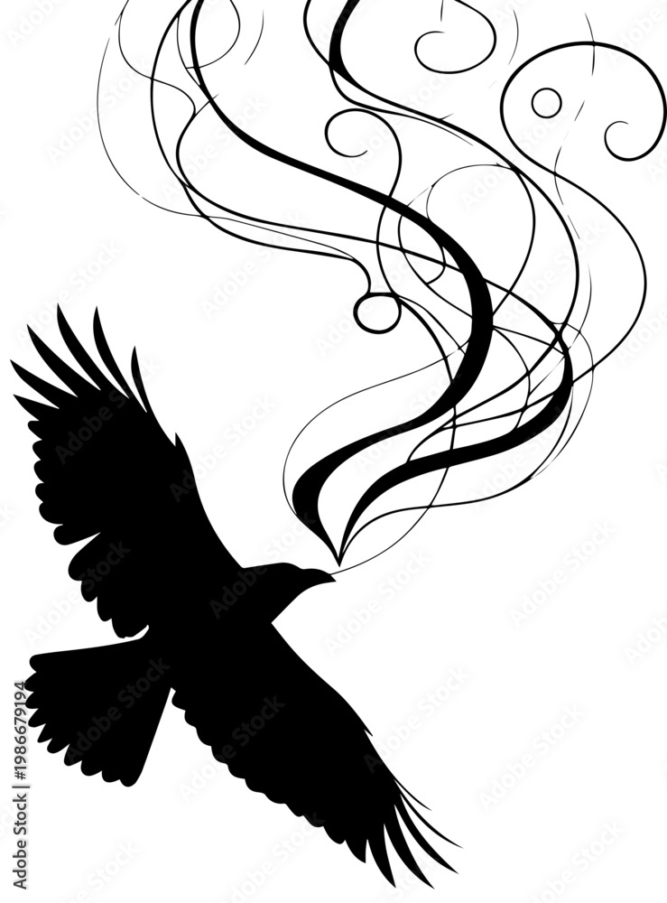 Fototapeta premium Stylized Black Crow Silhouette with Mystical Smoke and Swirls Vector Illustration