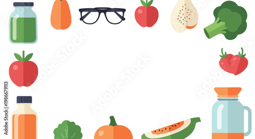 A vibrant vector border of flat-style fruits, vegetables, and juice jars surrounds a central white space for text or images.