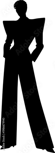 Fashion Silhouette of a Person in an Avant Garde Power Suit with Exaggerated Shoulders and Wide Leg Trousers Isolated on White