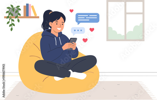 Woman sits on beanbag chatting on phone in living room