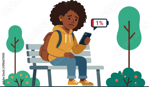 A young person sits on a bench in a park looking concerned at their phone.