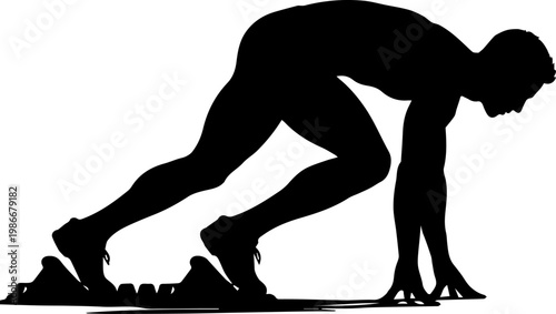 Black Silhouette of a Male Sprinter at the Starting Blocks Ready to Race Vector Graphic