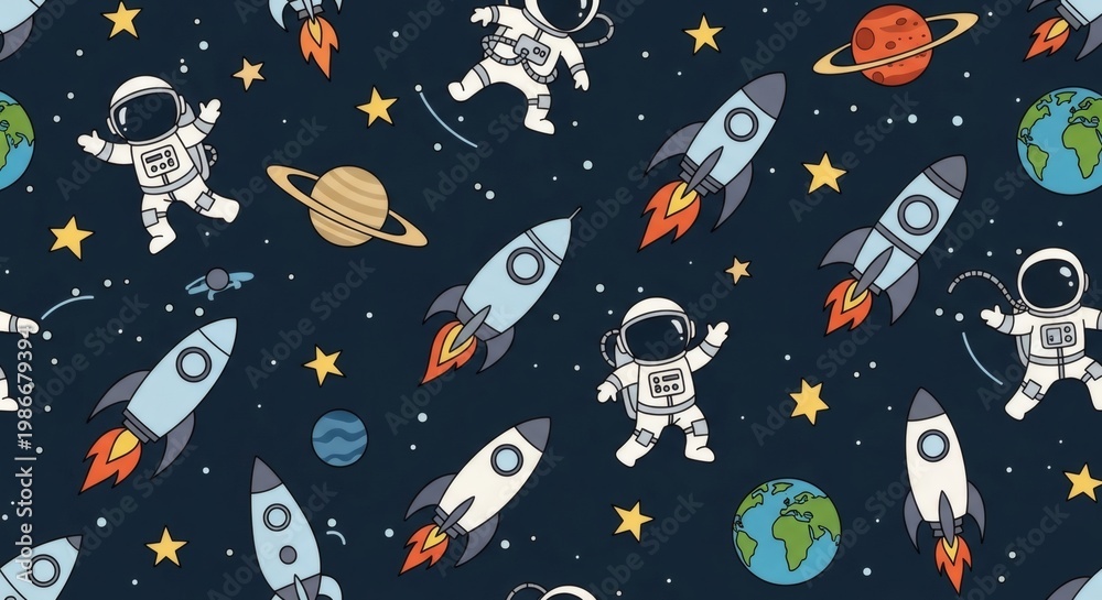 Naklejka premium Pattern of Astronauts and Rockets