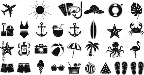 Summer vacation and beach holiday icons on transparent background.