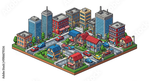 Isometric Cityscape with Buildings and Streets.