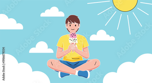 Boy eating ice cream on a sunny day with clouds.