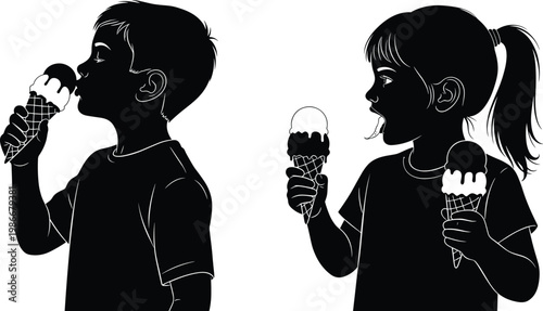 Silhouette of children enjoying ice cream cones in summer.