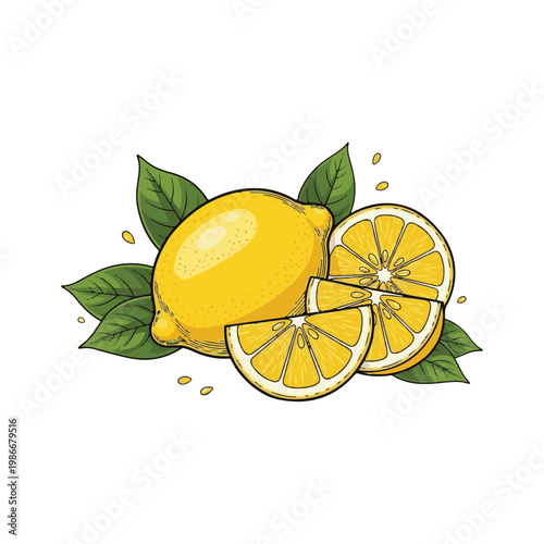 Fresh yellow lemon fruit with slices and leaves ingredient beverage botanical