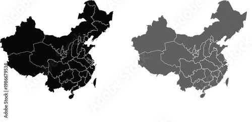 Outline map of china with administrative divisions black and gray colors.