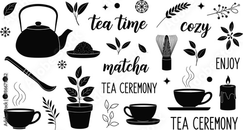 Tea ceremony elements teapot cups candle and leaves for cozy tea time.