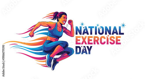 Vivid vector illustration for National Exercise Day depicting a dynamic woman joyfully leaping forward with fitness activity against a clean white background, embodying an active lifestyle
