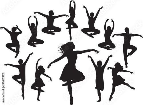 Group of diverse ballet dancers performing various graceful poses in silhouette against a transparent background.