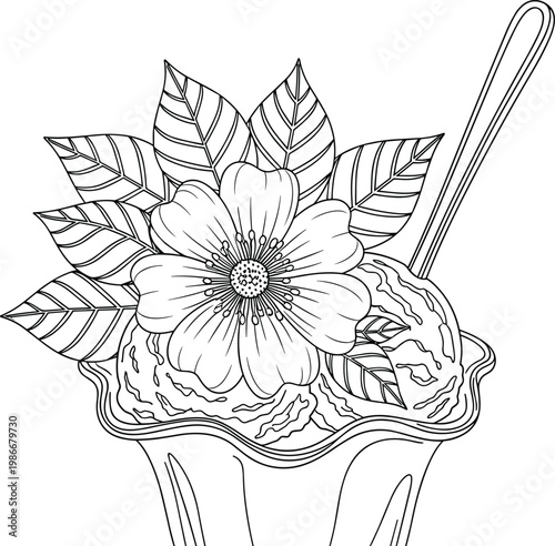 Detailed line art drawing of ice cream sundae with flower and leaves, perfect for coloring pages and culinary themes.