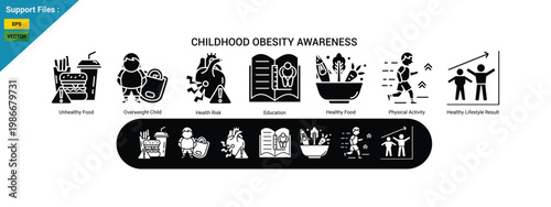 Childhood Obesity Awareness Concept with Healthy Lifestyle, Nutrition and Kids Fitness Illustration. glyph icon set
