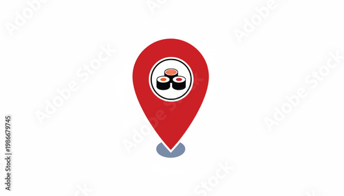 Map pin icon with sushi roll and nigiri illustration for restaurant location and food delivery services