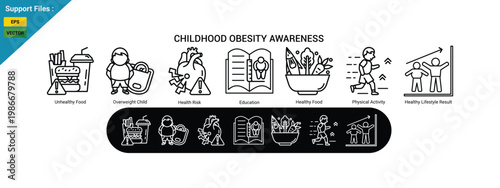 Childhood Obesity Awareness Concept with Healthy Lifestyle, Nutrition and Kids Fitness Illustration. outline icon set