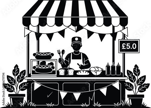 Food stall selling hot dogs and bread with prices and vendor.